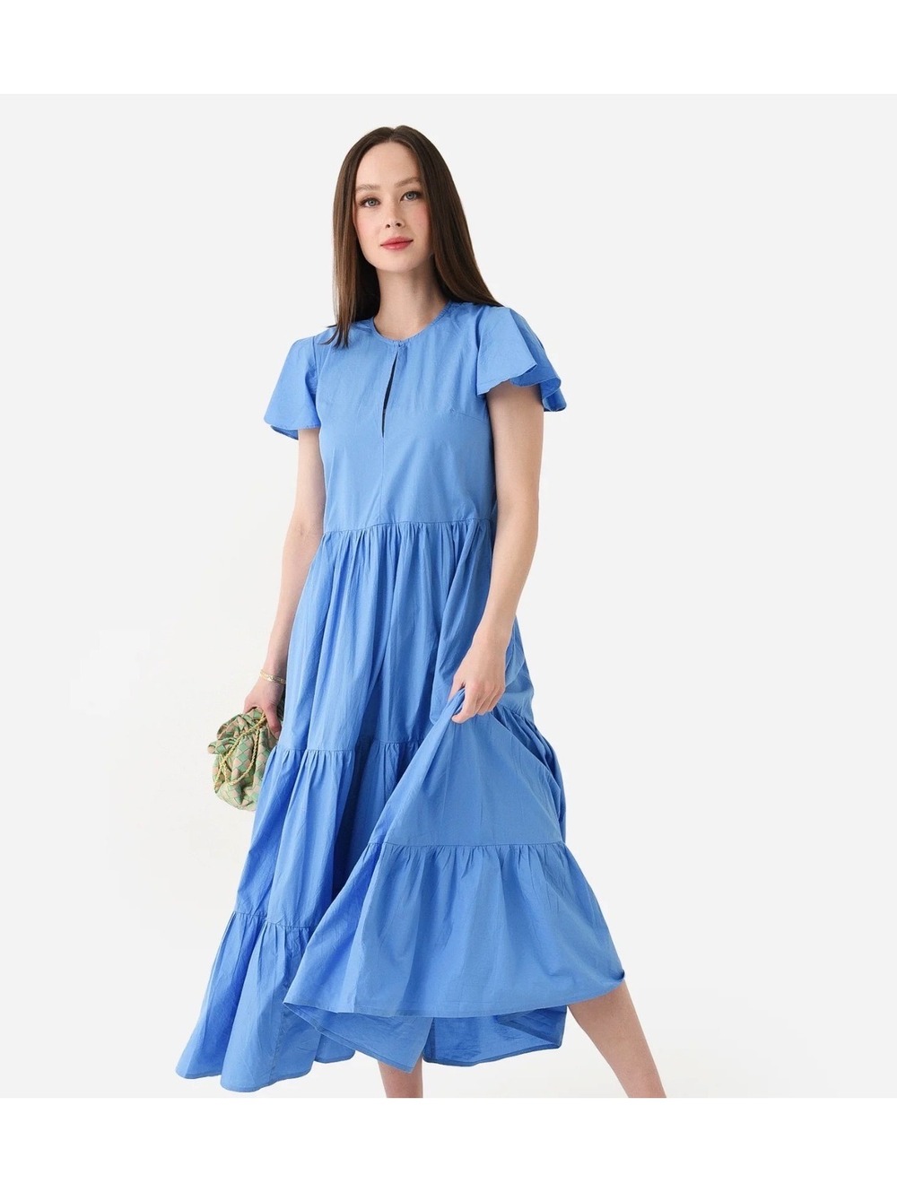 Oliphant Blue Tiered Midi Dress with Keyhole Neckline, Size XL